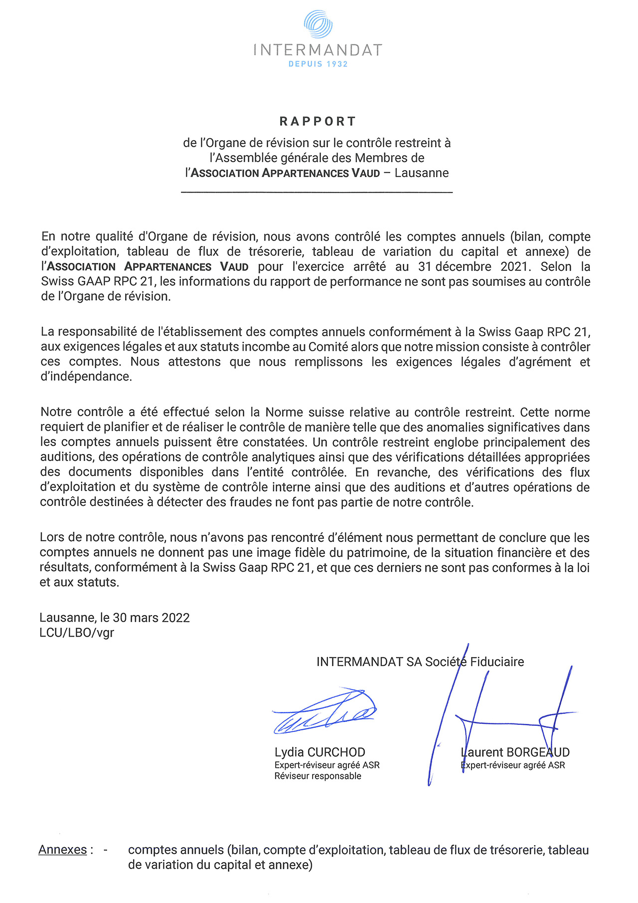 Rapport de l’organe de révision