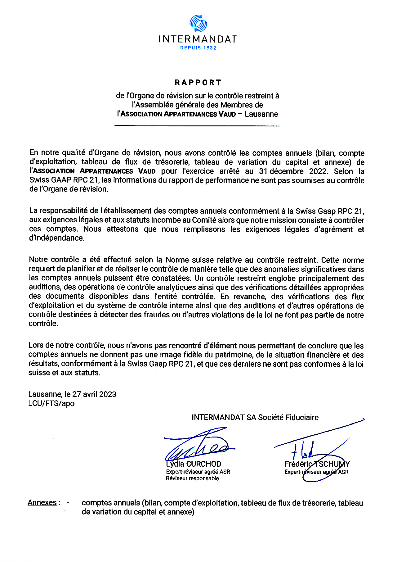 Rapport de l’organe de révision